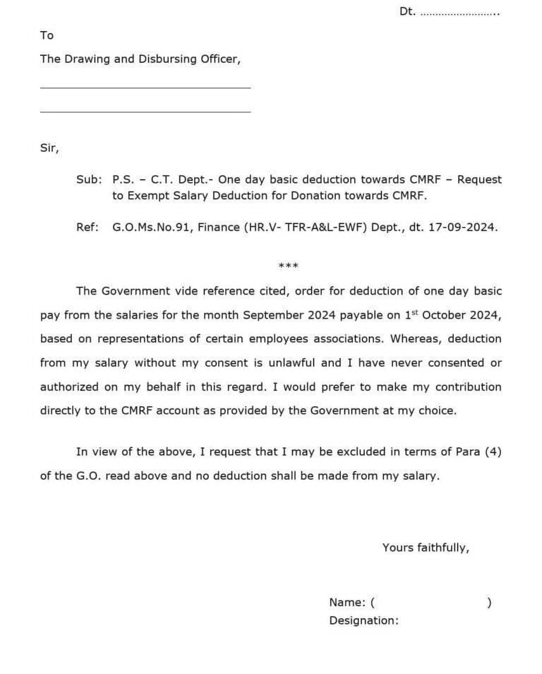 No One Day Salary Deduction Wanted for CMRF - Letter from AP Teachers and Employees Sep 2024